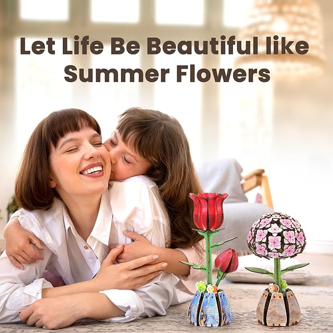Jege 3D Flowers Wooden Puzzles for Adults,DIY Wooden 2 Flowers per Kit Building Set for Home Decor, Creative Craft Gift Toys Kits with 2 Perfume Bottles and Diffuser Sticks (Rose + Hydrangea)