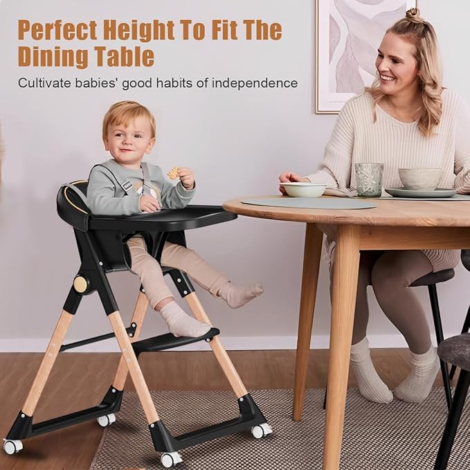 Baby High Chair, High Chairs for Babies and Toddlers, Convertible Folding High Chair with Removable Tray 5 Point Harness Footrest Detachable PU Cushion, Portable Highchair for Baby Toddlers