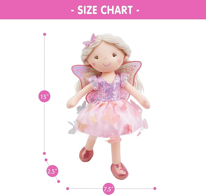 June Garden 15" Lunabelle The Fluttering Blossom Fairy Doll – Soft Plush Fairy Toy with Multicolor Butterfly Skirt – Enchanted Garden Collection