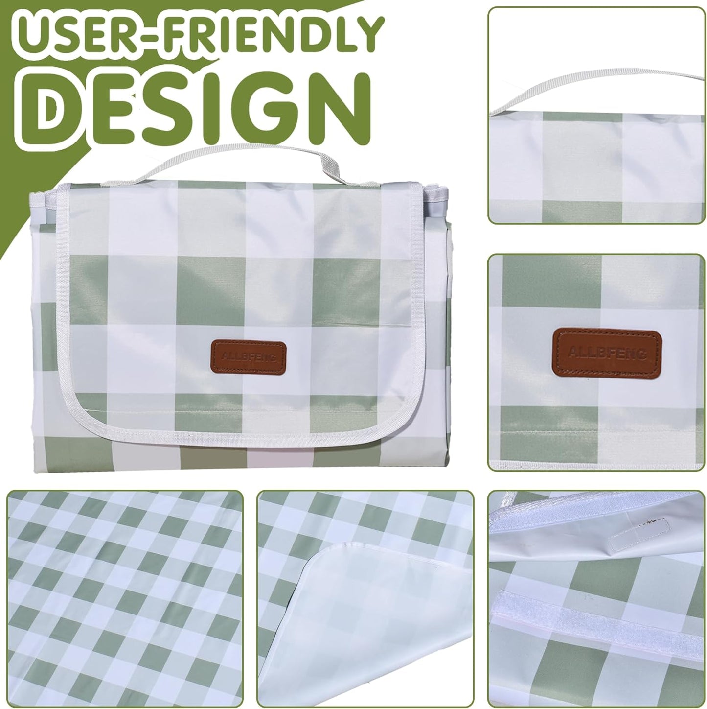 80"x60" Waterproof Sandproof Picnic Mat - Portable Foldable Outdoor Blanket for Beach, Park, Travel & Indoor Use - Lightweight Compact Design, Easy-Carry (Green&White)