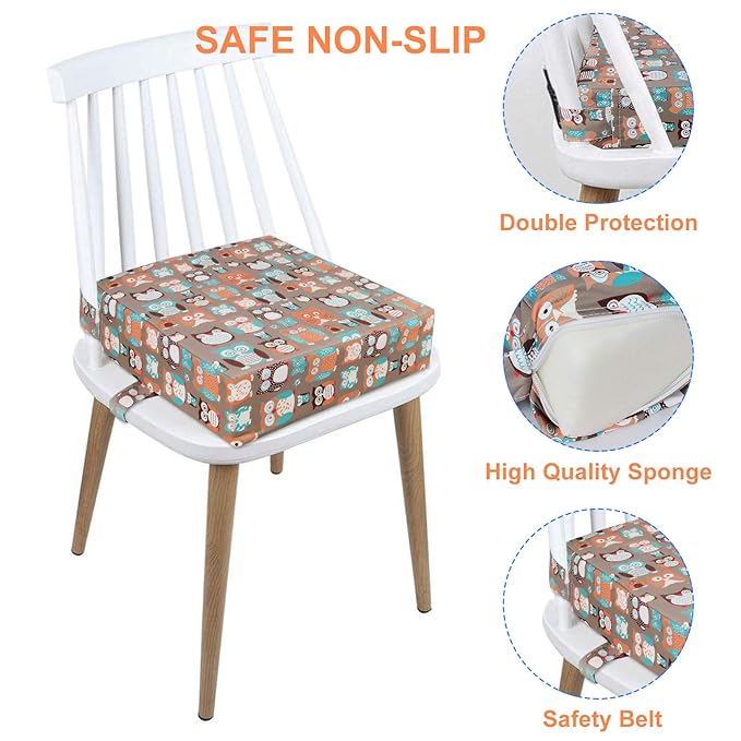 Taeku Booster Seat for Dining Table, Portable Kids Toddler Booster Chair Increasing Cushion Cartoon Seat Pad with 2 Safety Buckles for Kitchen Restaurant (Owl Orange)