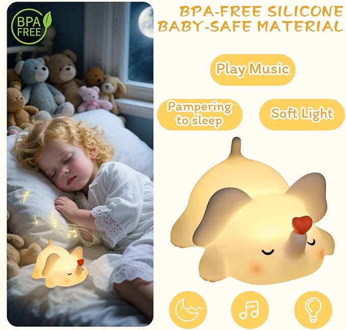 Squishy Night Light for Kids, Elephant Silicone Lamp with 4 Lullabies, Touch Control 3 Dimming Levels, 30-Min Timer, Rechargeable Cute Nightlight for Nursery, Toddler Room Decor