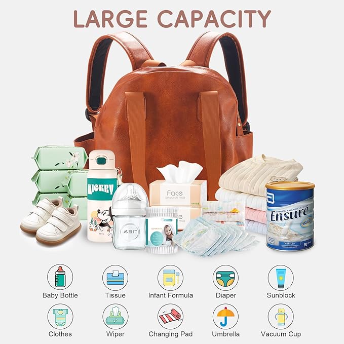 Stylish Diaper Bag Backpack, Leather Large Capacity Travel Baby Diaper Bag Tote for Mom Dad, Handbag shoulder bag, Waterproof, Lightweight Brown