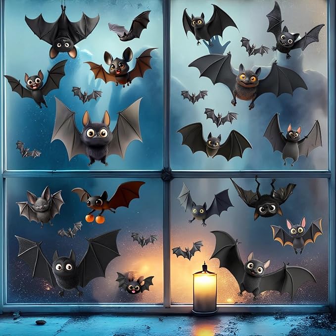 4 Sheets Halloween Decorations Window Clings Decals Cartoon Cute Bats Window Stickers for Glass Double Sided Printed Bat Windows Decal Decor for Home School Office Party Supplies