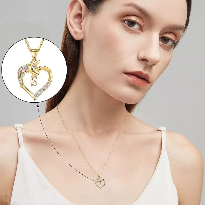 Hidepoo Unicorn Necklace Gifts for Girls - 14K-Gold-Plated Colorful CZ Heart Necklace Girls Jewelry Initial Unicorn Necklaces for Girl Birthday Gifts