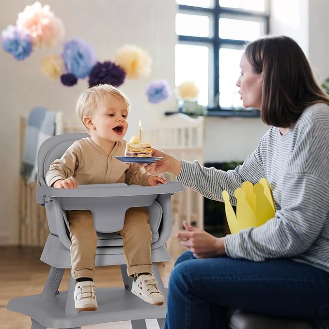 8 in 1 Baby Highchair, Convertible High Chair for Babies and Toddlers, Booster Seat w/5-Point Safety Belt, Toddler Building Block Table, Dishwasher Safe Tray, No Tool Install, Gray