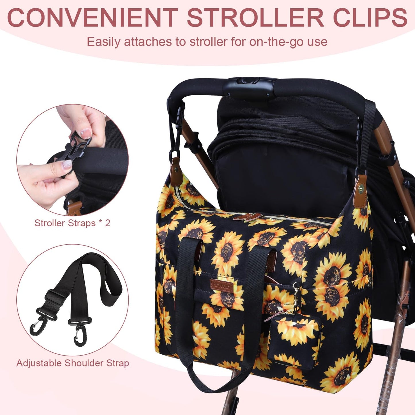 Diaper Bag Tote - Diaper Baby Bags with Pacifier Case, Shoulder Straps, Stroller Clips, Waterproof Large Mommy Bag Maternity Bag Travel Baby Bag for Mom and Dad, Sunflower