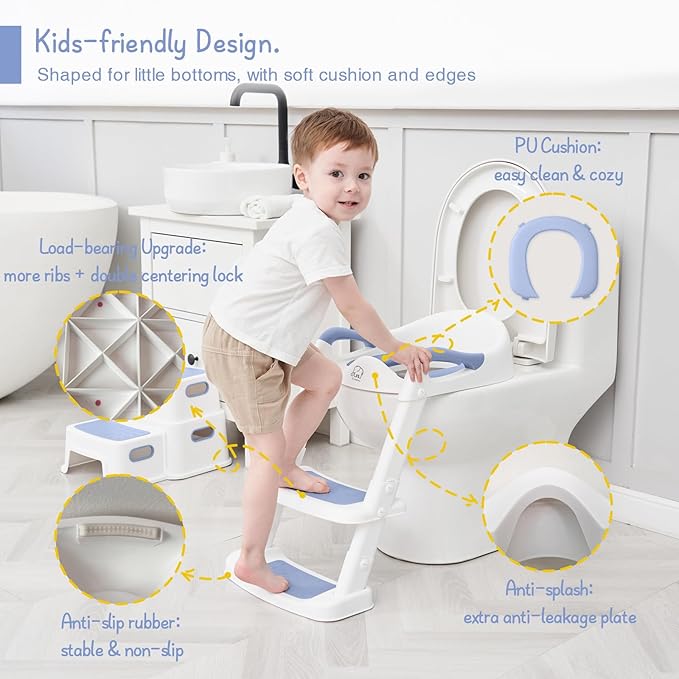 Forbena Blue Toddler Boys Toilet Potty Training Seat with Step Stool Ladder, Baby Child Kids Adjustable Height Sturdy Potty Seat with Soft Cushion and Comfortable Handles (White and Blue)