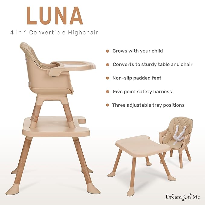 Dream On Me Luna 4-in-1 Convertible Baby High Chair in Beige, Transforms into Booster, Toddler Seat & Table Set, Adjustable and Removable Tray Portable High Chair