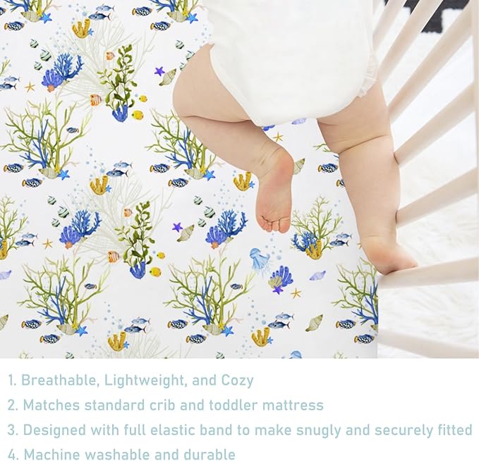 Colorful Undersea Fishes Jellyfish Sea Weeds Baby Crib Sheet 52''x28'' Nautical Life Fitted Crib Mattress Cover for Boy Girl Nursery Toddler Bed Sheets for Standard Crib and Toddler Mattresses