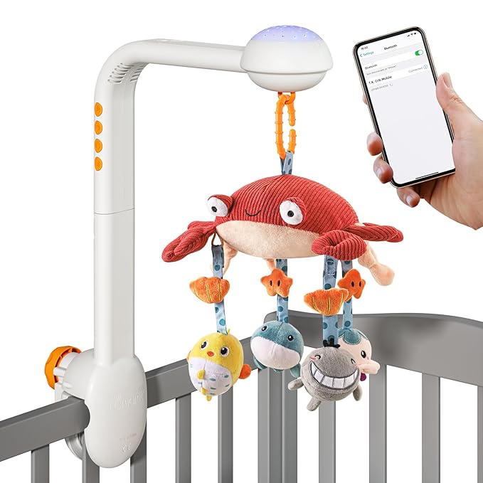 Tumama Baby Crib Mobile with Projection Night Light, Music and White Noise, Soft Plush Mirror Hanging Toys, Mute Spin Motor Nursery Toys for Infant 0-3, 6-9 Month Newborn Xmas Gift (Crab)