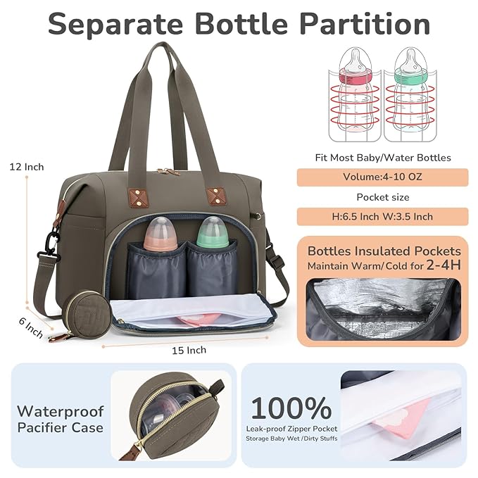 Diaper Bag Tote, Baby Bag Travel Diaper Tote Bag with Pacifier Case, Cute Maternity Hospital Baby Stylish Diaper Tote for Mom Dad Medium Size, Khaki