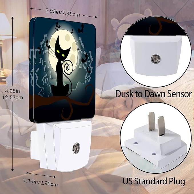 Black Cat Fantasy Halloween Night Light, Full Moon Bats Night Lights Plug into Wall Decorations for Bedroom, Bathroom, Kitchen, Dusk to Dawn Sensor Nightlights for Boys Girls Women Men Room Gifts