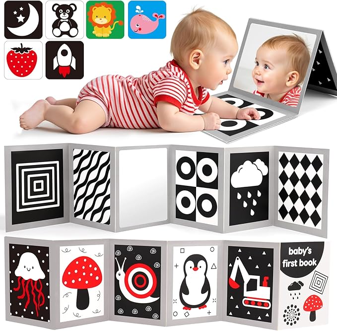 Black and White High Contrast Baby Books Flash Cards Tummy Time Mirror Toys Newborn Toys 0 6 Months Brain Development Infant Stimulating Sensory Toy 0-3 3-6 2 4 5 Months old Baby Boy Girl Shower Gifts
