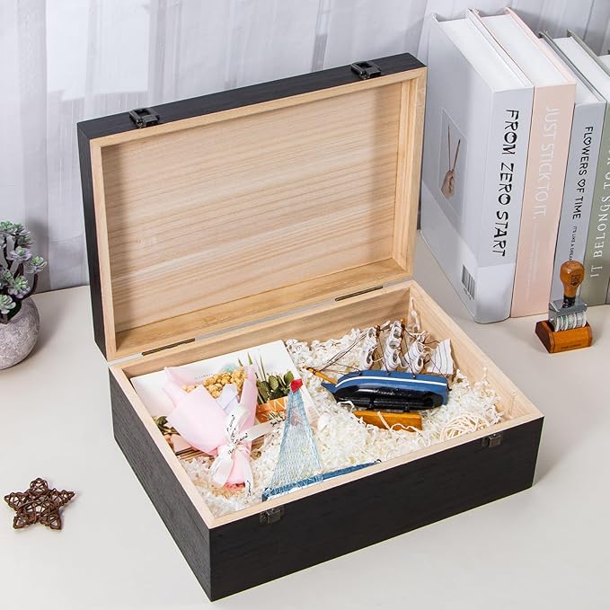 Black Wooden Storage Box with Hinged Lid and Front Clasp, 12.2''x8.6''x4.7'' Large Wooden Box, Wood Gift Boxes for Crafts Art Hobbies and Valentine's Day Decoration