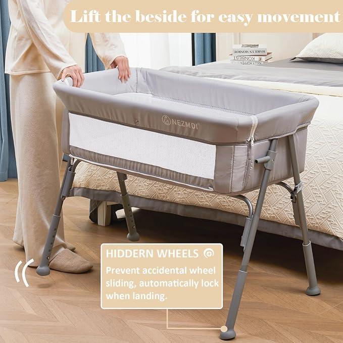 Baby Bassinet Bedside Sleeper Crib with Mattress 5-Level Adjustable Height, Breathable Mesh & Mosquito Net, Portable Folding Travel Cradle with Auto-Lock Wheels Light Grey