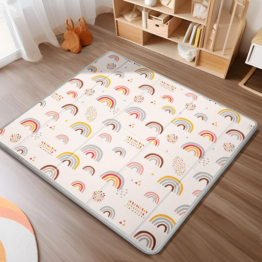 Foldable Baby Play Mat, PIGLOG 50x50 Playpen Mat, Waterproof Playmats for Babies and Toddlers Kids, Safe Foam Playmat for Tummy Time, Reversible Portable Baby Floor Mat for Infant, Colorful+Rain