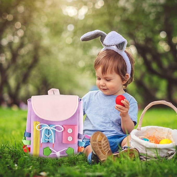Busy Board - Toddler Backpack with Buckles and Learning Activity Toys - Develop Fine Motor Skills and Basic Life Skills - Learn to Tie Shoes - Children's Travel Toy (Purple)