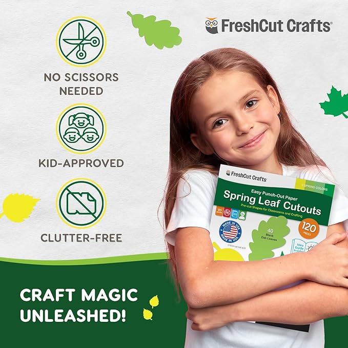 120 Pieces Spring Leaf Paper Cutouts with IDEA Guide, 2-Sided US Made Card Stock Punch Out Maple, Oak, and Birch Leaves for Bulletin Boards, Classroom Decor, Spring Crafts, DIY Scrapbook, and Posters