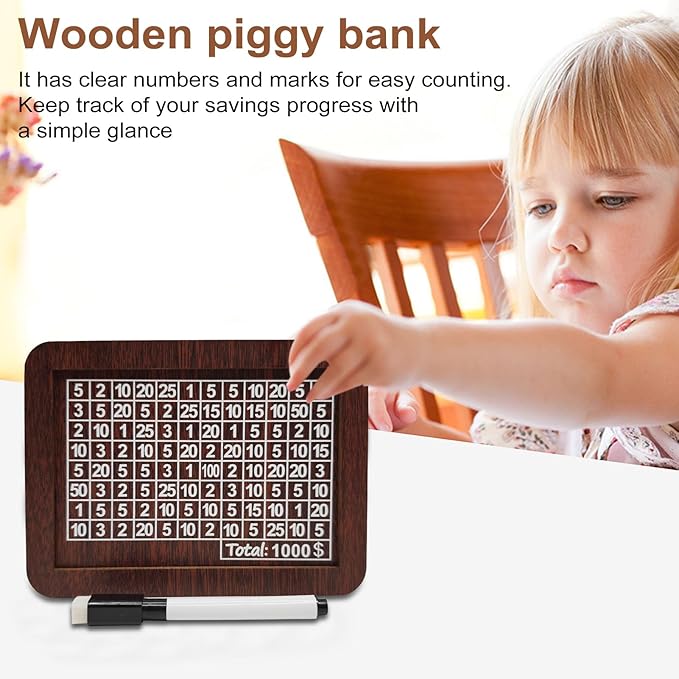 10000 Savings Challenge Box, Money Saving Box with Money Target and Numbers, Cash Vault Wooden Savings Box, Wooden Money Box, Coin Counter Piggy Bank for Adults, Wooden Coin Bank for Kids 1,000