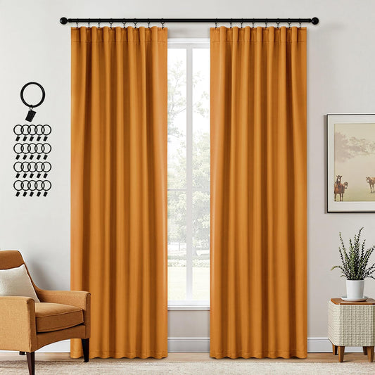 ANRODUO Back Tab Blackout Curtains for Bedroom Living Room, Rod Pocket Pinch Pleated Thermal Insulated Room Darkening Curtains 84 Inches Long 2 Panels, Mustard Yellow, 42 x 84 Inch