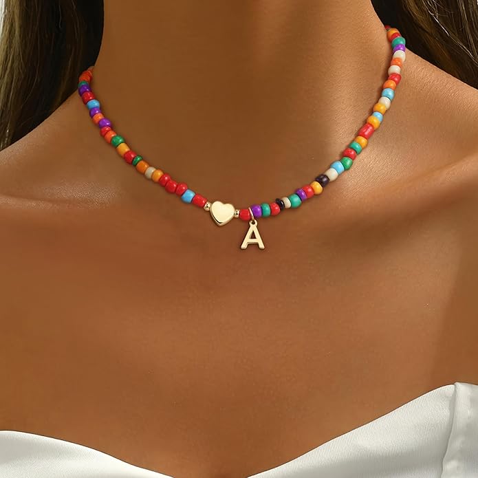 Colorful Initial Necklaces for Girls Women Kids - Teen Girls Gifts Trendy Beaded Initial Necklace Dainty Letter Gifts Choker Necklace for Girl Jewelry