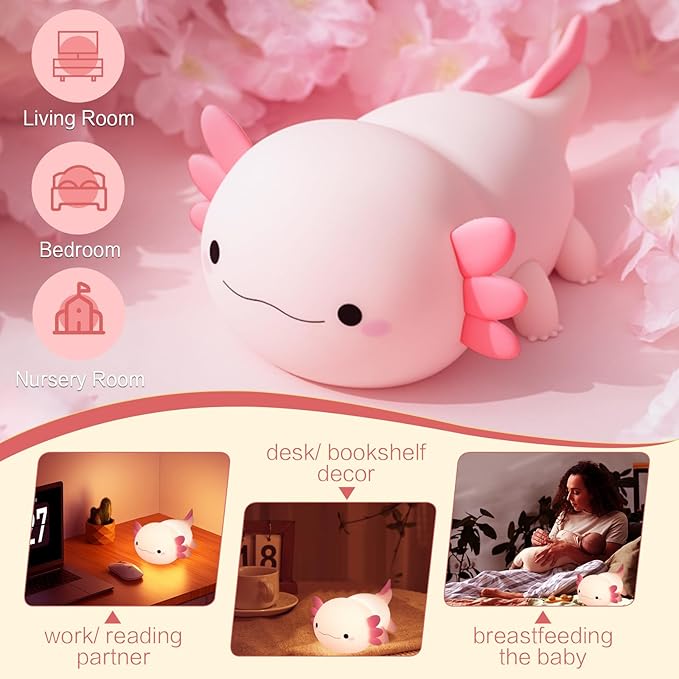 Axolotl Cute Night Light for Kids, Axolotl Lamp Girls Xmas Gifts, Rechargeable Bedside Nightlight, Squishy Dimmable Silicone LED Funny Animal Light, Baby Nursery Dorm Kawaii Décor Toys