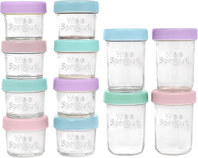 WeeSprout Baby Food Storage Glass Jars w/Lids (4/8 oz, 12 Pack) Pastel Variety, Snack, Reusable Small Containers, Fridge or Freezer, Microwave & Dishwasher Safe, Essentials for Infants