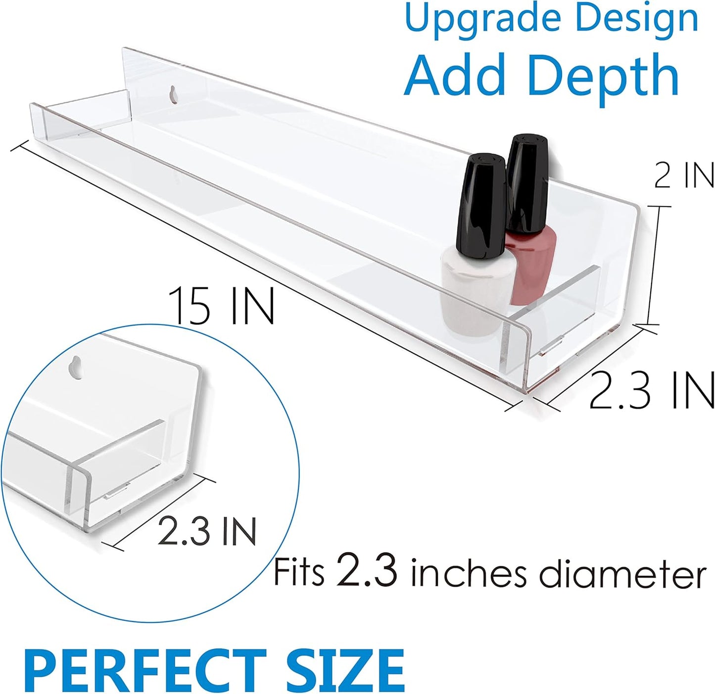 4 Pack 15 Inch Clear Acrylic Shelves, Clear Kids Floating Bookshelf for Kids Room, Modern Nail Polish Rack Sunglasses Essential Oil Picture Ledge Display Toy Storage Wall Shelf
