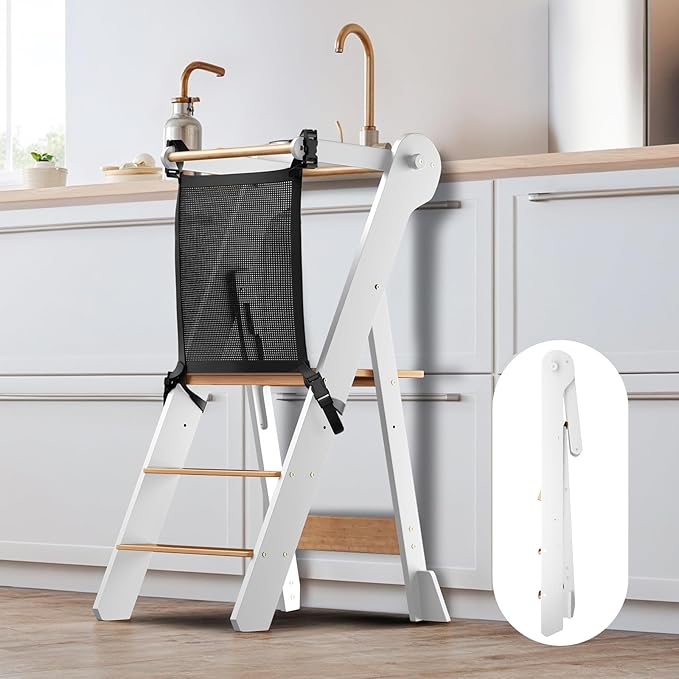 COSYLAND Foldable Toddler Standing Tower - Adjustable Height Folding Step Stool Kids Toddler Kitchen Stool Helper for Learning and Cooking - Ages 18 Months to 6 Years with Safety net Natural & White