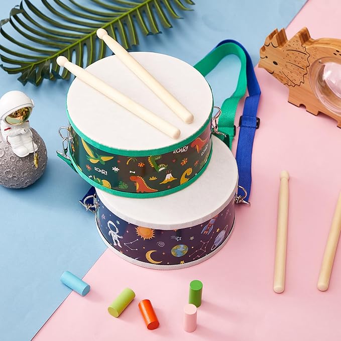 Boao 2 Pcs Kids Drum Set, 8 Inch Toddler Drum Wooden Toy with Adjustable Strap and 4 Drumsticks, Educational Sensory Musical Instrument for Toddlers Kid Baby Boys Girls Gift (Dinosaur,Space)