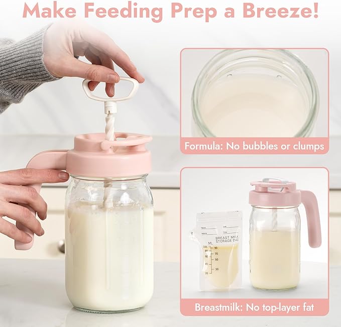 Papablic 32oz Wide Mouth Mason Jar Pour Spout Lid with Mixing Handle & Flip Locking Spout for Mixing Formula/Breastmilk/Protein Powder/Coffee, Pink