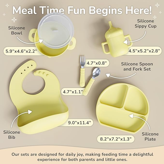 mimi & kiki BPA-Free Silicone Baby Feeding Set, Baby Plates and Bowls Set, Baby Led Weaning Supplies, Silicone Suction Plate, Baby Utensils, Bib and Cup, Self Feeding, Dishwasher Safe (Yellow)