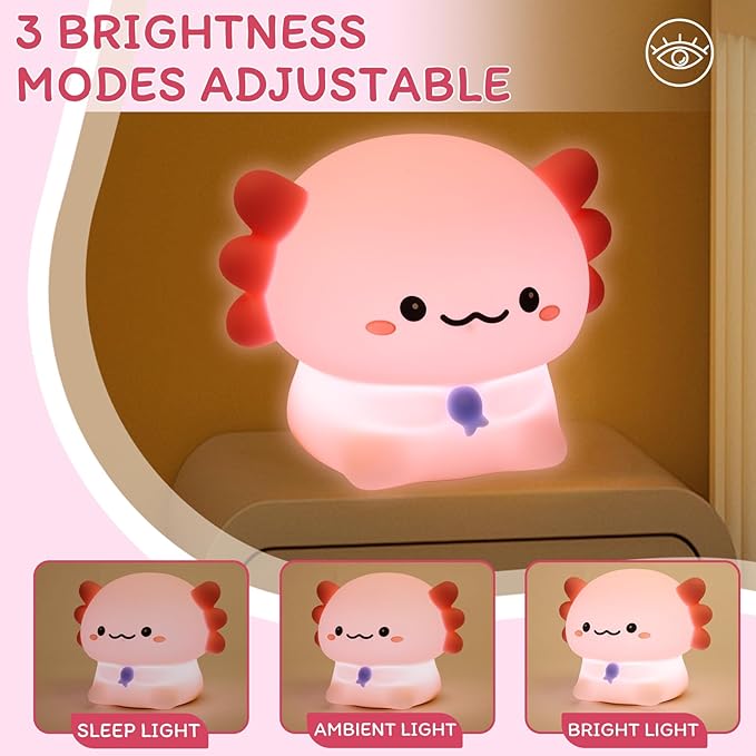 Axolotl Night Light for Kids - 3-Level Dimmer & Auto-Off Timer, Child-Safe Silicone Lamp, USB-C Rechargeable Nursery Light for Bedroom Breastfeeding (Squishy Animal)