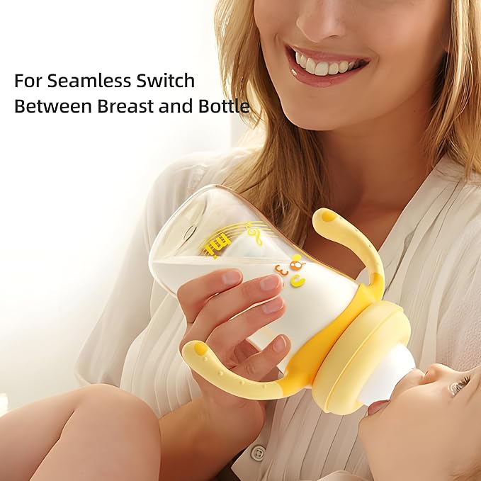 YOHKOH Natural PPSU Baby Bottle with Natural Response Nipple, Newborn Anti-Colic Baby Bottles with Handle, Wide Neck Mushroom Cap Baby Bottle (8.8oz (Pack of 2), Yellow1)