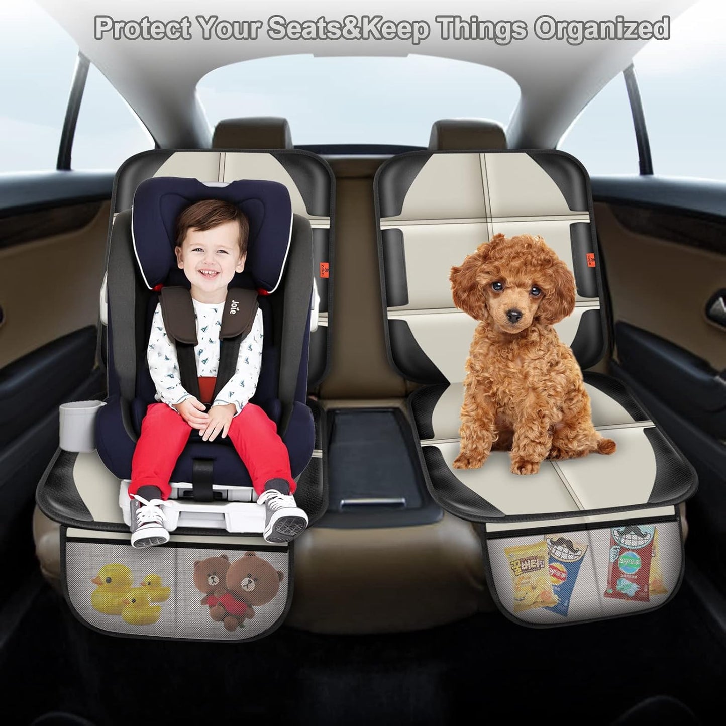 Car Seat Protector,2 Pack Car Seat Protectors Baby Carseat Waterproof Durable 600D Fabric for Child Baby Car Seat Mat Vehicle Pet Cover 2 Storage Pockets (2 Pack Beige)