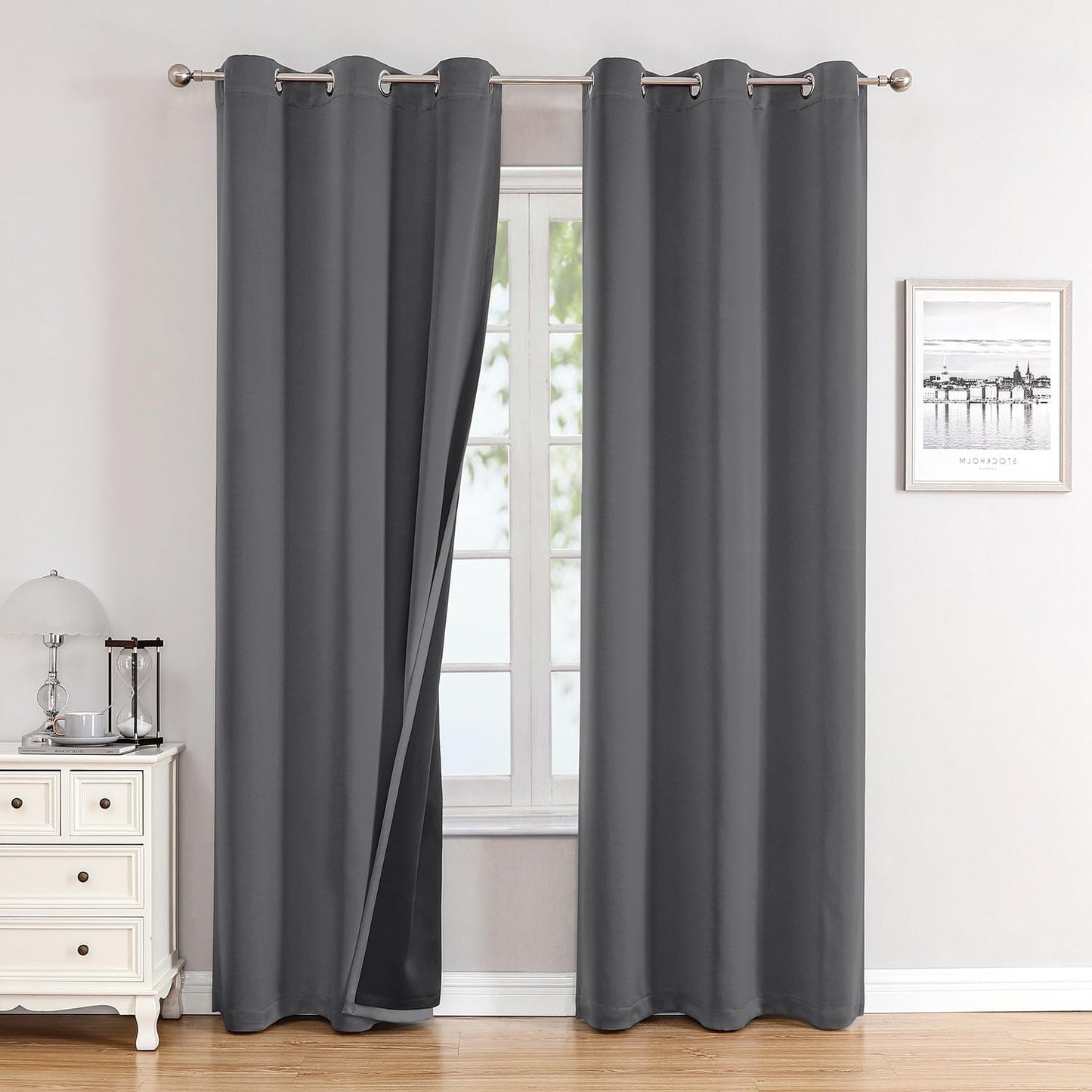 ChrisDowa 100% Blackout Curtains 84 inch Long for Bedroom with Black Liner, 2 Thick Layers Total Blackout Thermal Insulated Grommet Window Curtains 2 Panels Set (Grey, 38 x 84 Inch)