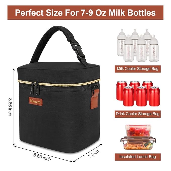 Mancro Breastmilk Cooler Bag with Ice Pack, Fits 6 Baby Bottles Up to 9 Ounce Insulated Baby Bottle Bag, Breast Milk Cooler on The go with Strap, Bottle Storage Bag for Nursing Mom Daycare, Black