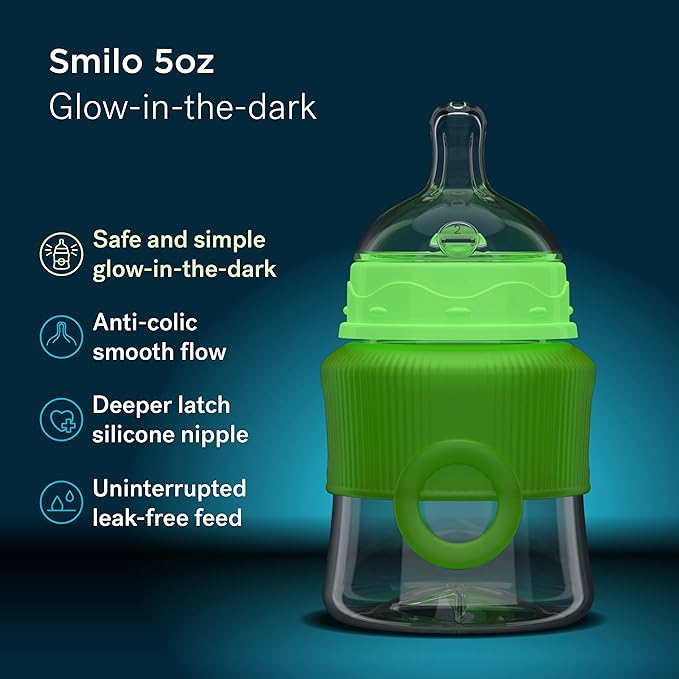 Smilo Baby Bottle Set with Stage 0 Slow Flow Anti Colic Nipple, 5 Oz / 150 ml Capacity, 3X Pack of Anti Colic Baby Bottles 0-3 Months - Glow in The Dark