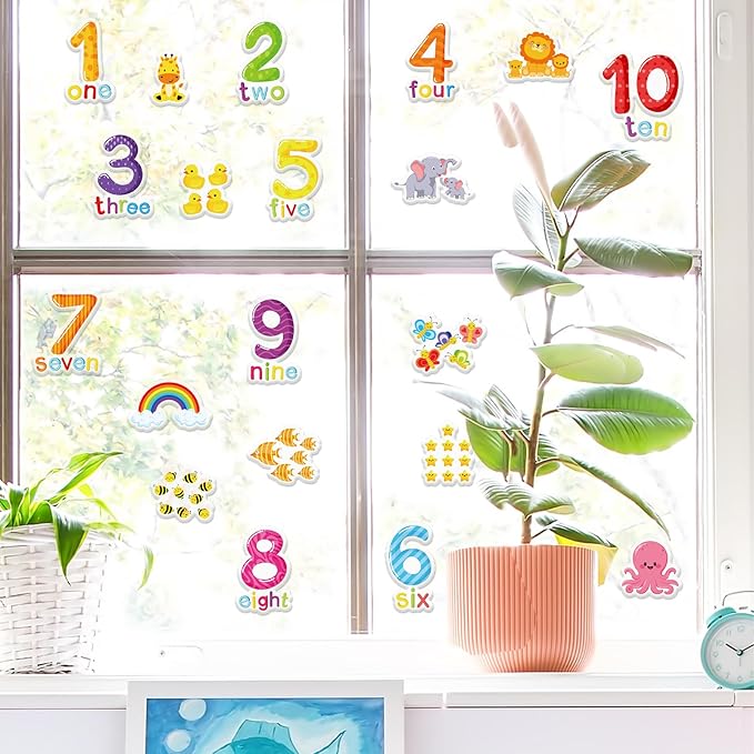 Whaline 40Pcs Number Thick Gel Clings Cute Animals Numbers 1-10 Window Gel Decals Colorful Word Spelling Window Clings for Early Education Learning Home Classroom Nursery Decor