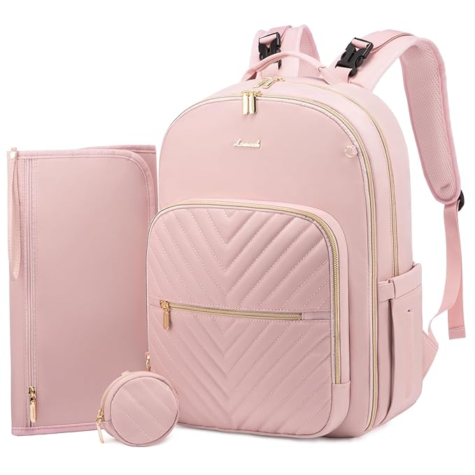 LOVEVOOK Diaper Bag Backpack, Quilted Baby Bag with Changing Pad & Pacifier Holder, Waterproof Travel Diaper Bags for Baby Boys Girls, Stylish and Large Capacity,Pink