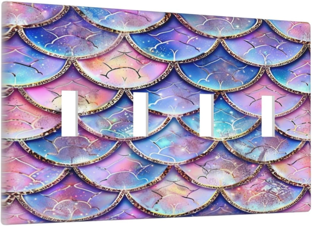Decorative Switch Covers Plate Cute Pink Purple Mermaid Scales 4 Gang Artistic Wall Plate Unique Quad Toggle Light Switch Plate Jumbo Faceplate for Girlroom Bedroom Home Decor