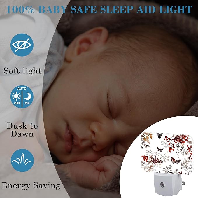 Vintage Wildflower Plants Night Light Plug into Wall, Butterfly Night Light with Dusk to Dawn Sensor for Kid Girls Boys Women Men Room, Hallway, Kitchen, Bathroom, Stairs Decor