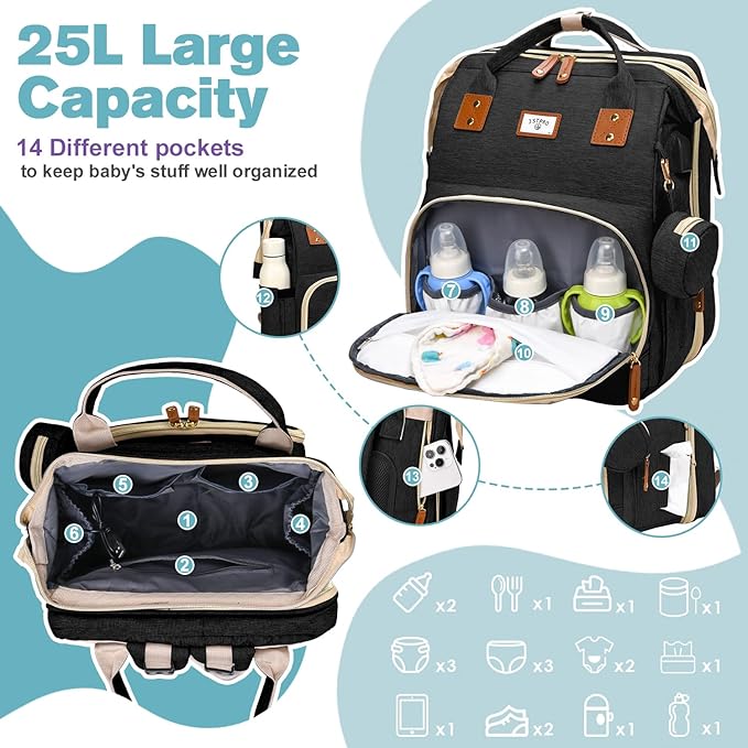Diaper Bag Backpack, Large Waterproof Lightweight Diaper Bag with Changing Station, Insulated Pockets, USB Port & Stroller Straps, Travel Baby Bag for Mom and Dad, Baby Shower Gifts (Black)