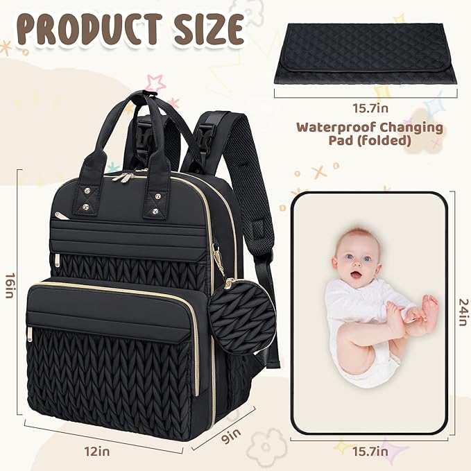 CandyHome Diaper Bag Backpack, Stylish Travel Baby Diaper Bags with Changing Pad, Insulated Pockets, Waterproof Baby Bag Converts into Tote Bag, Diaper Backpack, Stroller Bag (Black)
