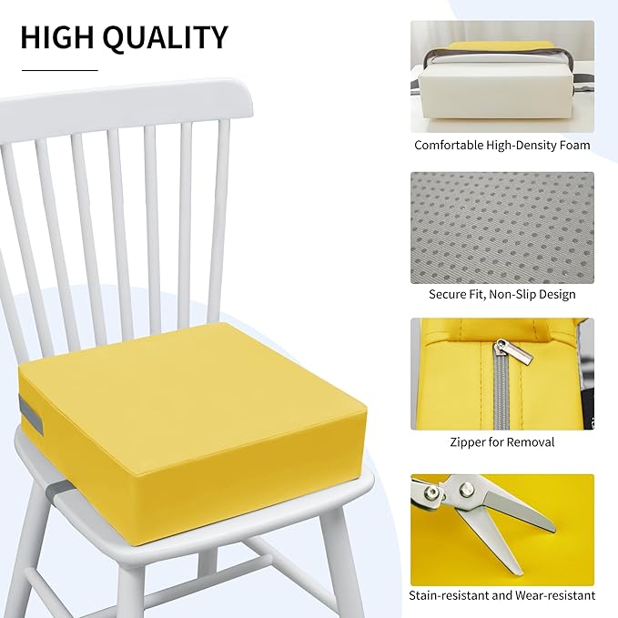 Toddler Booster Seat for Dining Table, 2 Elastic Seat Belts, Anti Scratch PU Skin-Friendly, Waterproof, Anti-Wrinkle, Detachable Non-Slip Bottom - Yellow