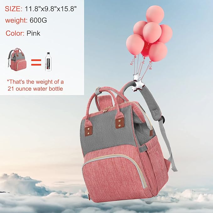 Diaper Bag Backpack Multi-Function Baby Bag With Large Capacity and Insulated Pockets Diaper Backpack Organizer Bag for Mom/Dad, Pink+Gray