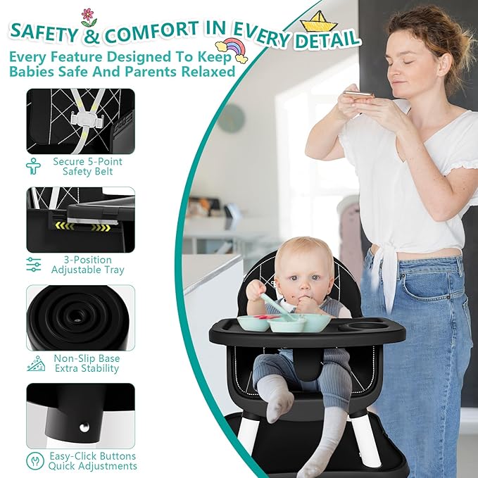 6 in 1 Baby High Chair for Babies and Toddlers, Booster Seat, Kids Learning Table & Chair (Black)