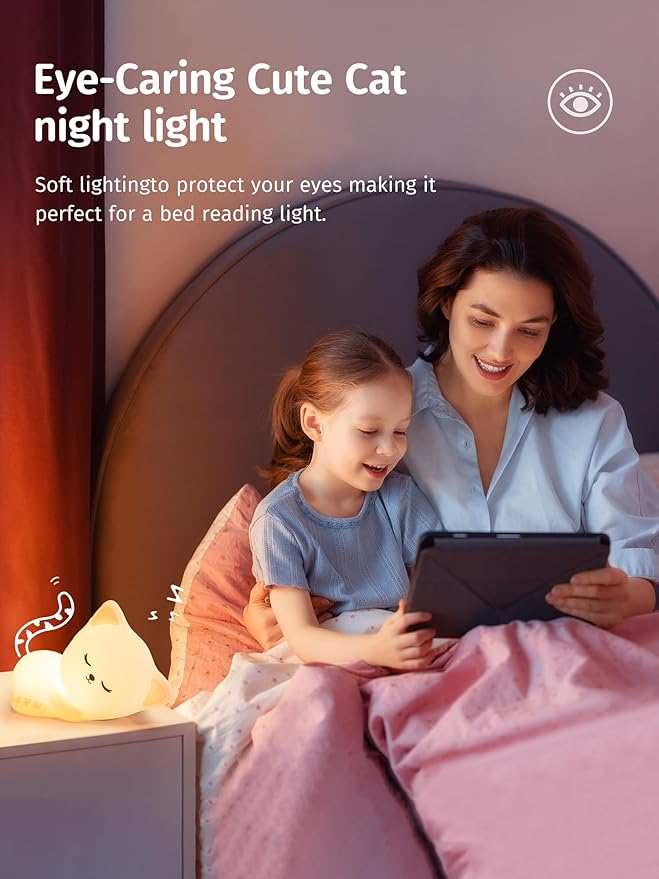 Mubarek Night Light for Kids, 16 Colors Dimmable Night Light lamp, Remote Silicone NightLight for Baby Nursery, Rechargeable Cute Lamp Cat Lamp,Timer Toddler Nightlight for Kids Room