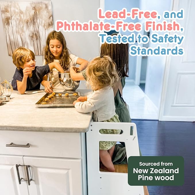 Toddler Kitchen Stools Helper with Adjustable Height and Anti-Slip Protection, Kids Standing Tower with Safety Rail, Kids Montessori Stool with Learning Chalkboard, White